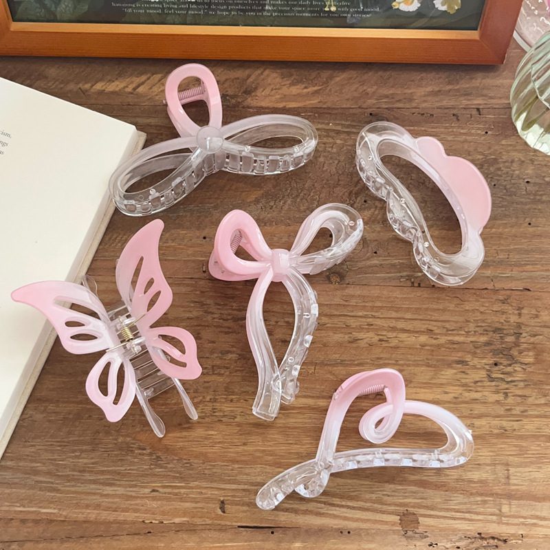 Super fairy-like transparent gradient pink grab clip, elegant bow hair clip, heart plate hair clip, shark clip at the back of the head, large size details Picture