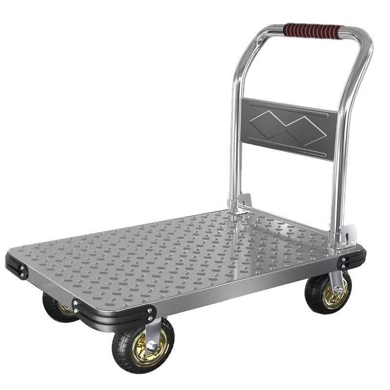 Steel plate hand cart, four-wheel silent handling cart, express delivery loading cart, flatbed cart, small cart, folding trailer, pushing and pulling cart Item Picture