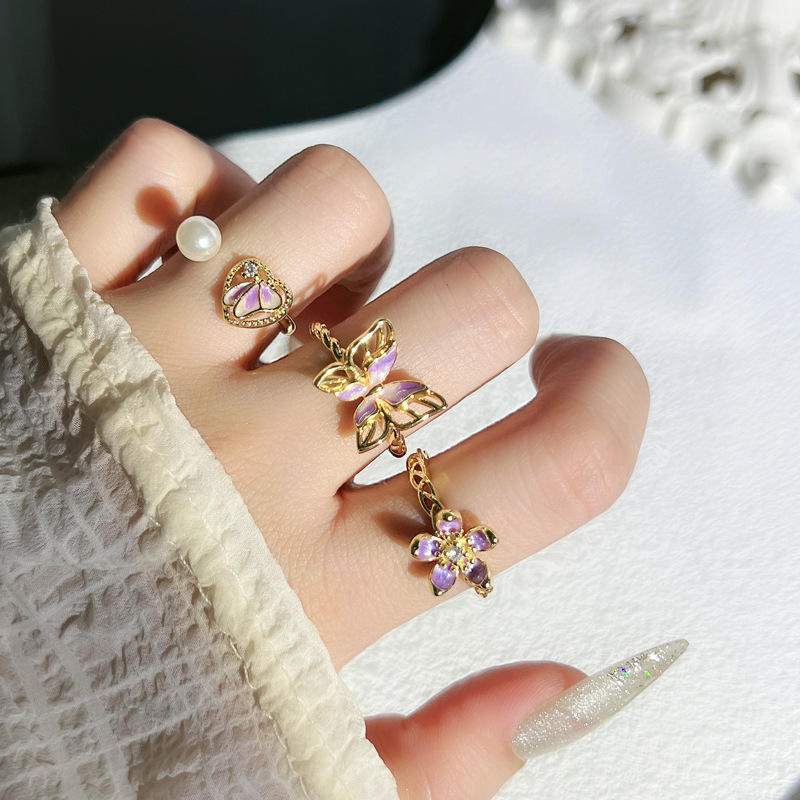 Butterfly Ring for Women 2025 New style, purple enamel sweet and cool flower, light luxury and high-end, unique student index finger ring trend Specification drawing