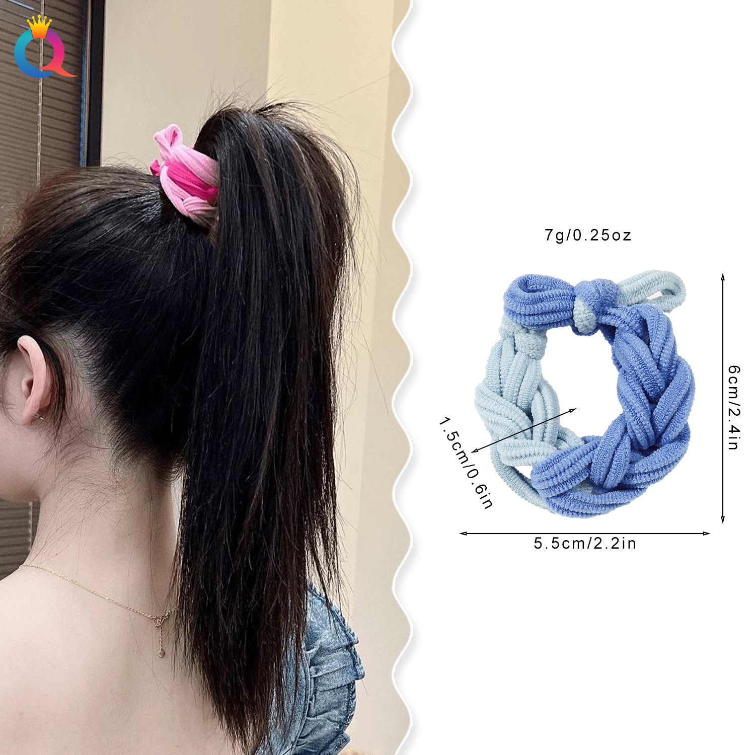Wholesale of Qiyue bow double color series braided hair bands, cute high-elasticity hair ties, leather bands, hair ties and hair accessories details Picture