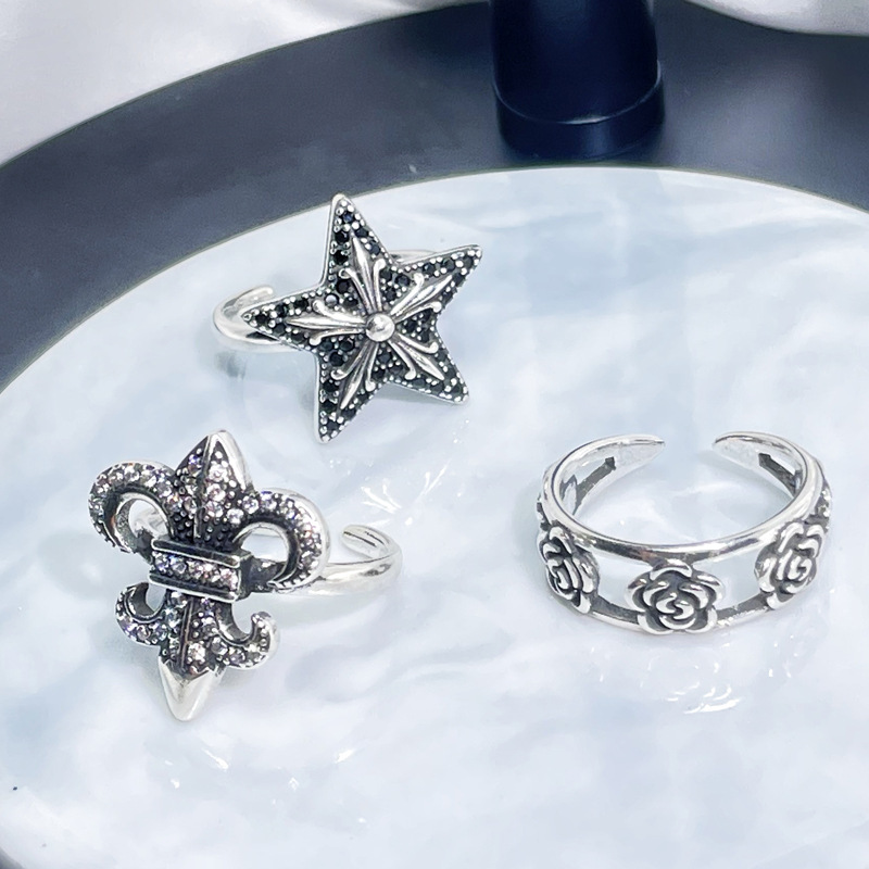 European and American niche design star cross flower retro open ring, rose androgynous style punk personality vintage ring full figure