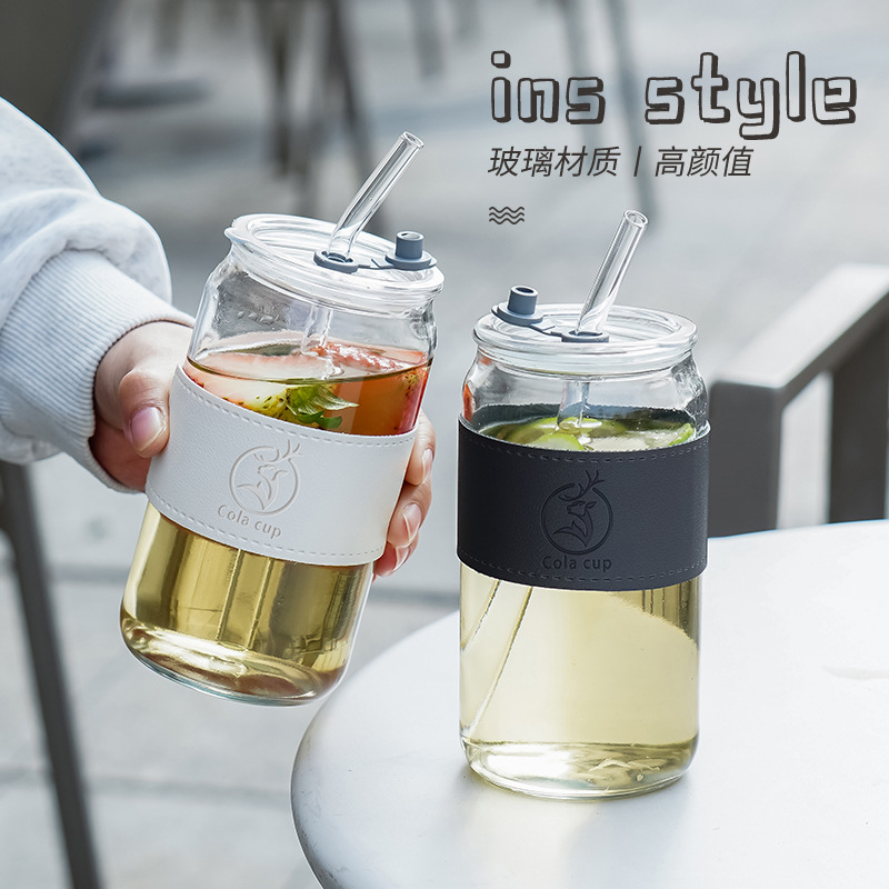 Wholesale cola cups, milk tea cups, household high borosilicate glass cups, high appearance level, popular straws, beverage glass cups full figure