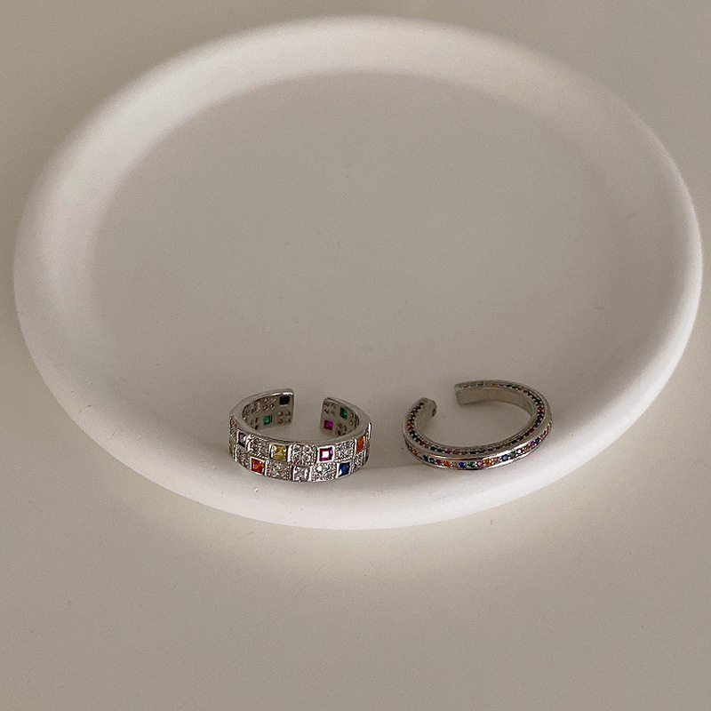 High-end colored zircon checkerboard pattern light luxury open ring for women, simple and versatile, elegant and fashionable food ring details Picture