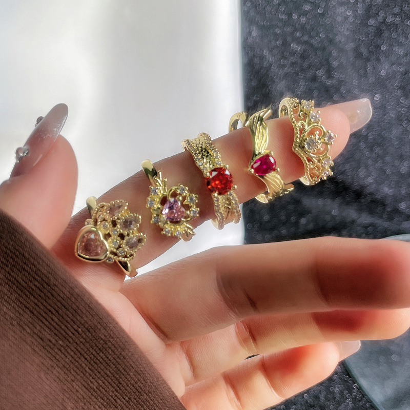 ins cool style, sweet love, pink diamond metal girl's fashionable open ring, women's retro Chinese trend personality ring Application Scenario