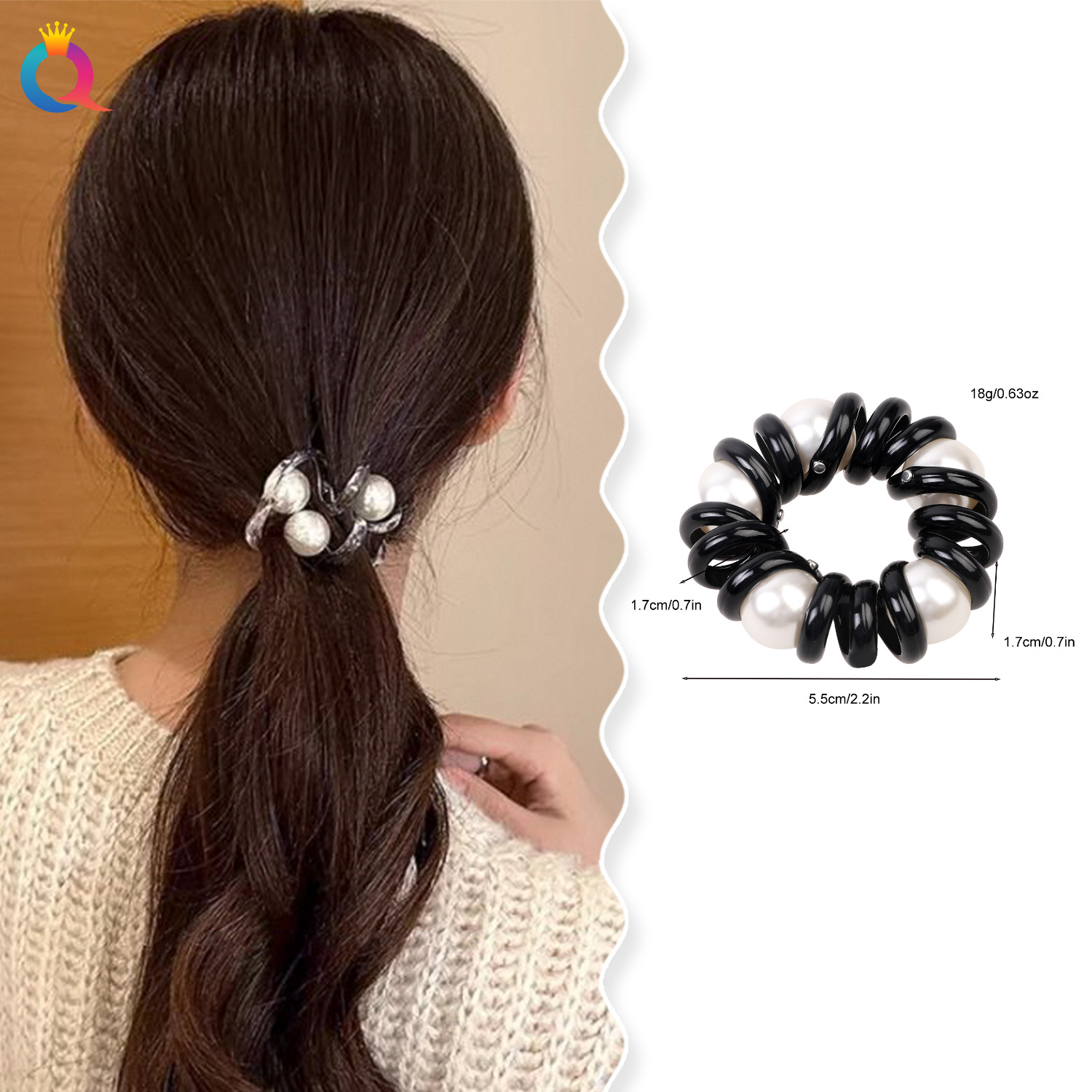 Wholesale of Qiyue Cross-border pearl telephone line hair bands for women with a high-end look, high ponytail hair ties, hair ties, leather bands and hair accessories details Picture