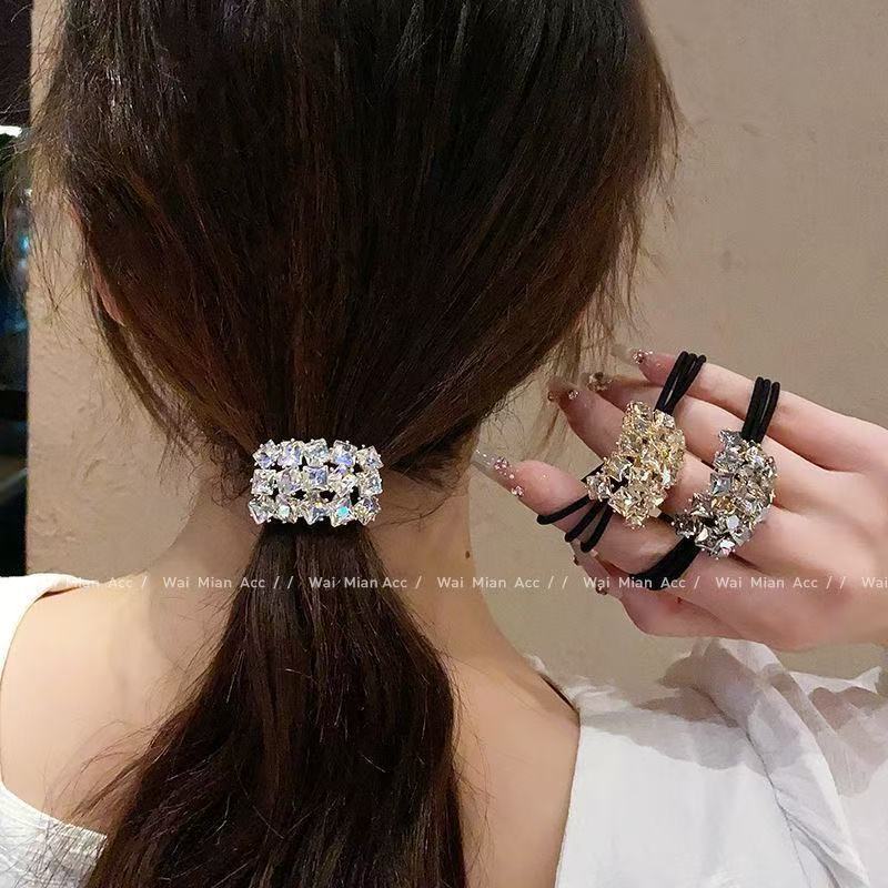 Korean-style square crystal multi-strand hair tie, versatile and elegant. Bun hairstyle, ponytail hair band, high-elasticity hair tie, leather band details Picture