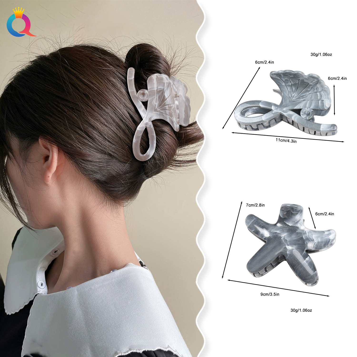 Qiyue Cross-border PS Starfish, Marble pattern hair clips, Ginkgo leaf hair curls, claw clips, back of the head, shark clips, hair accessories wholesale details Picture
