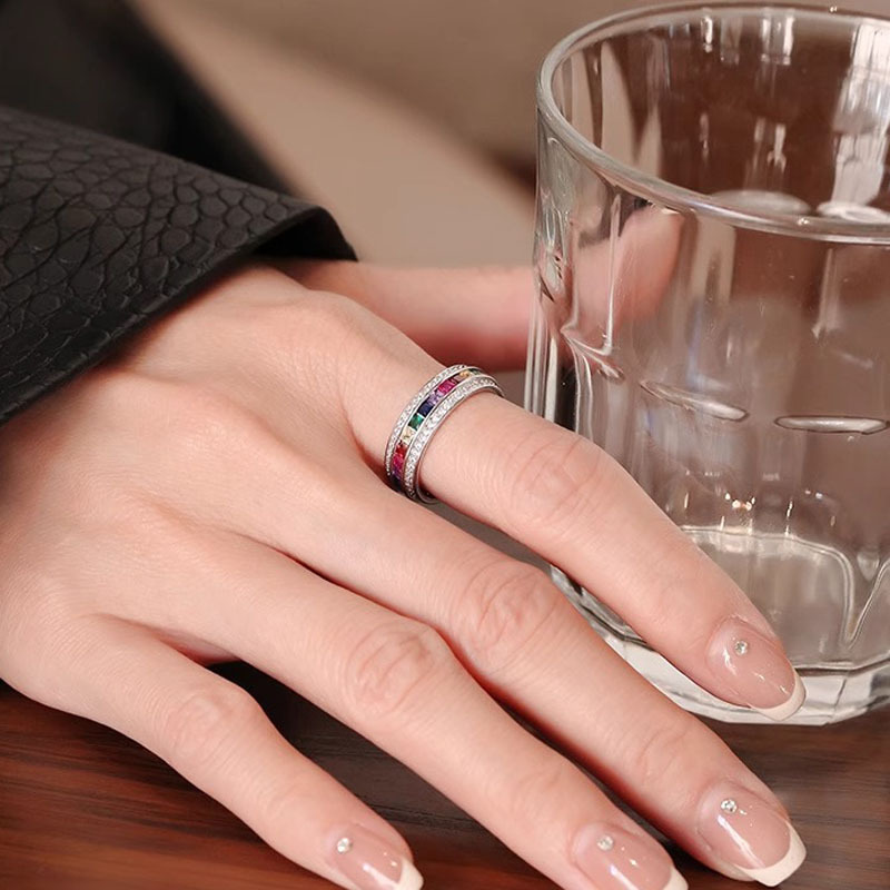 Sweet and cool rainbow zircon open ring for women, a light luxury and niche design, a high-end ins cold style fashionable and individual ring details Picture