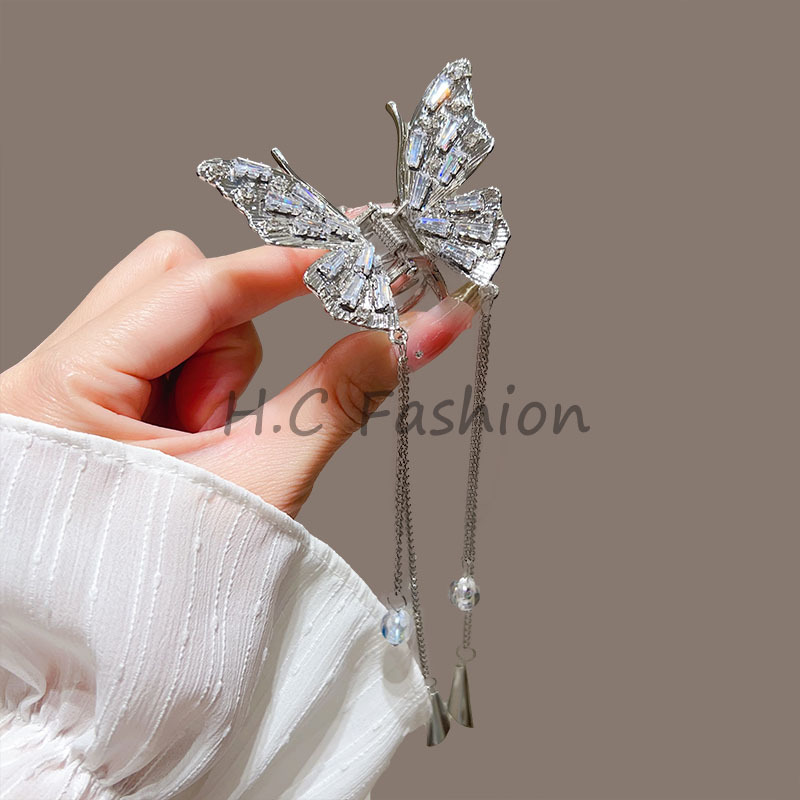 New Chinese-style crystal butterfly wind chime tassel grab clip, high-end semi-tied hair shark clip, Chinese-style back head coil hair clip details Picture