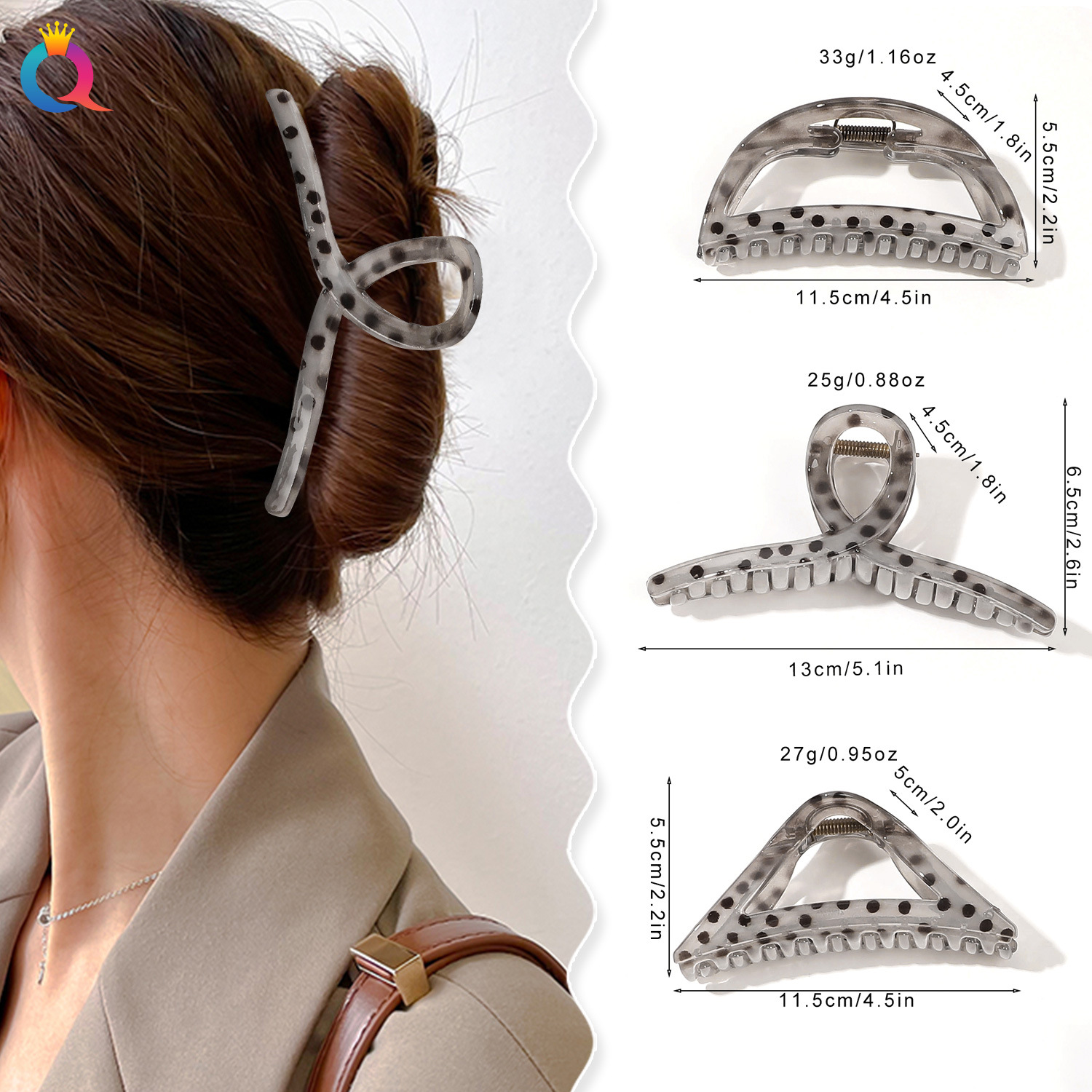 Qiyue Cross-border PC polka dot jelly hair clips, hair curls, hair grabbers, high-end fashion hair clips, shark clips, hair accessories wholesale details Picture