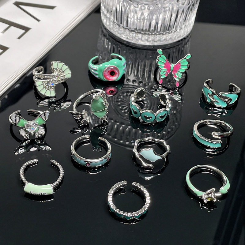 Korean-style fresh and light Mambo mint green drip glaze ring, feminine butterfly high-end feel, cold style geometric ring trend details Picture