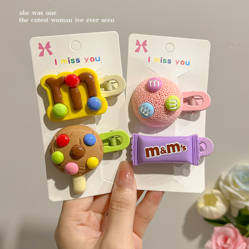 Creative and cute M Bean children's hair clips, simulated rainbow candy chocolate cookies, food play bangs, broken hair clips and hairpins details Picture