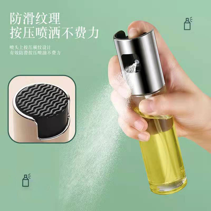 Kitchen stainless steel glass healthy oil-control 100ml oil spray bottle, barbecue air fryer high-pressure atomized oil spray bottle full figure