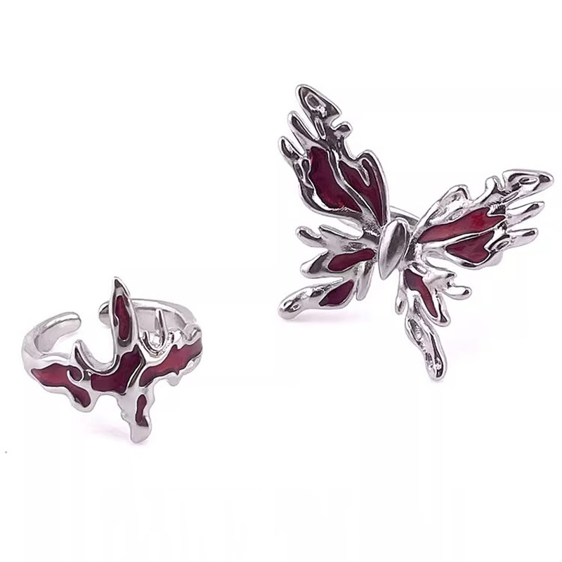 Butterfly lava texture red drip glaze open ring female cross personality cool hip-hop cold style food ring Specification drawing