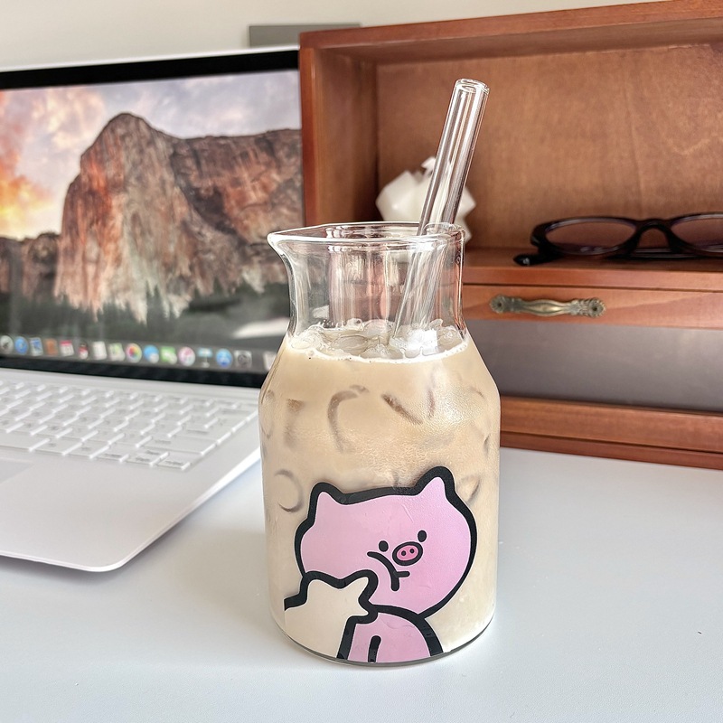 High-quality appearance level glass cup household female single drinking glass water set, five-flower pig mini water set, cold drink water set Specification drawing