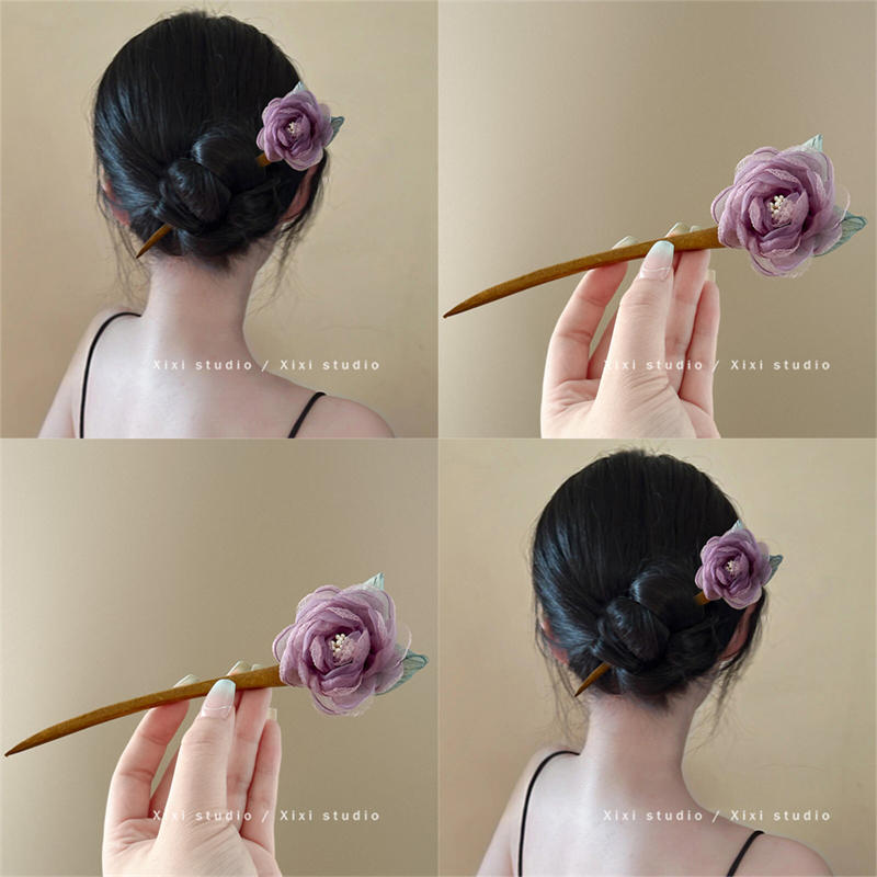 Purple rose wood hairpin, summer hairpin, mesh flower hairpin, ancient-style hairpin, flower headwear, elegant hair accessory for women full figure