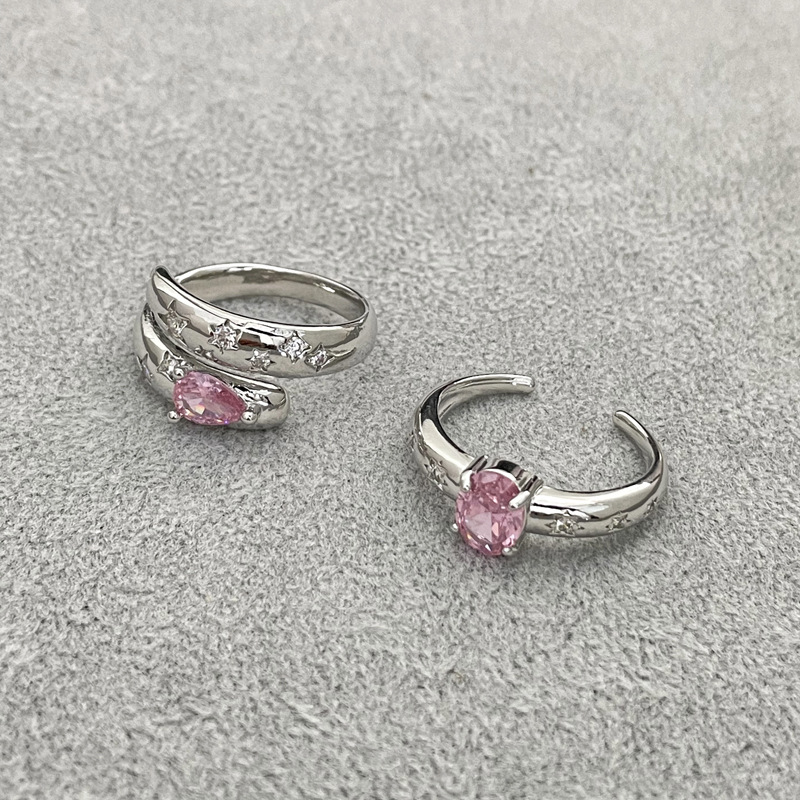 Light luxury starry sky pink diamond, versatile and elegant open ring, women's Instagram cold style double-layer sweet and cool geometric index finger ring Specification drawing