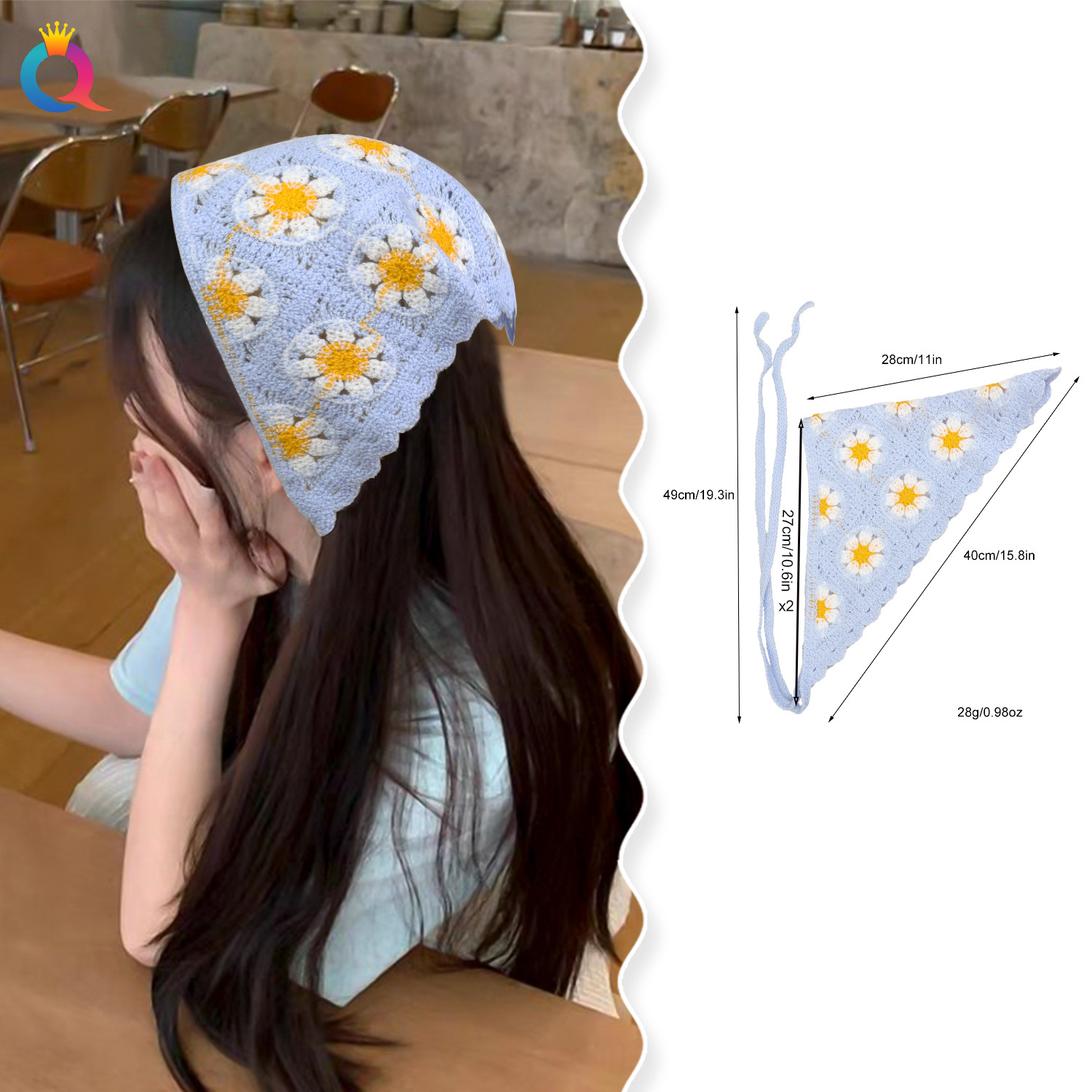 Qiyue Cross-border Knitted triangular headscarf, Daisy headband, French Country Style triangular headscarf, sun protection hair accessory, headwear wholesale details Picture