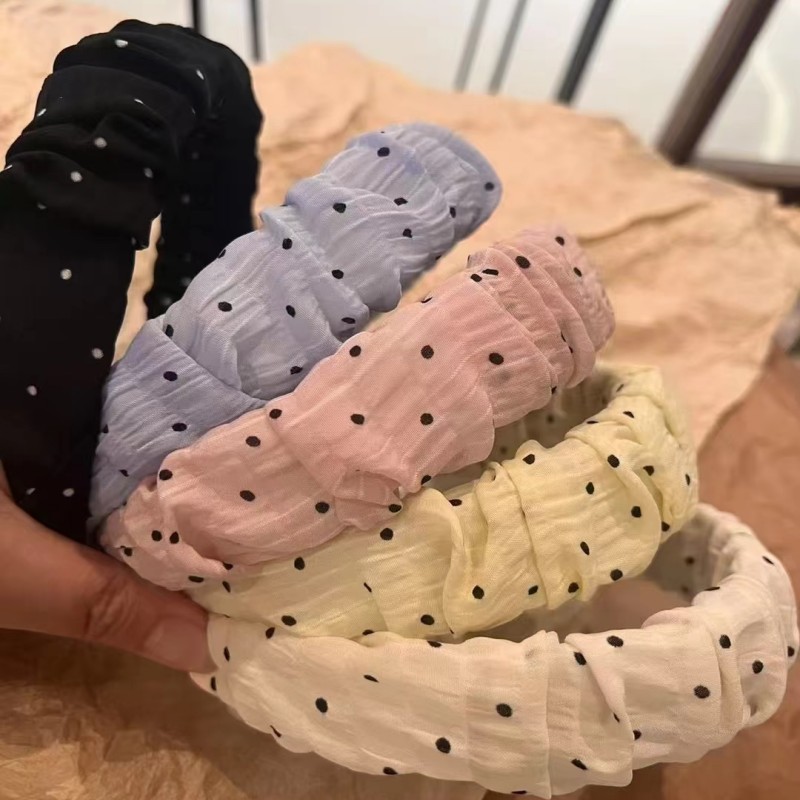 Sweet pleated polka dot Korean-style sponge hairband, Hong Kong-style retro, simple and fashionable high headband, pressure hairpin headwear full figure