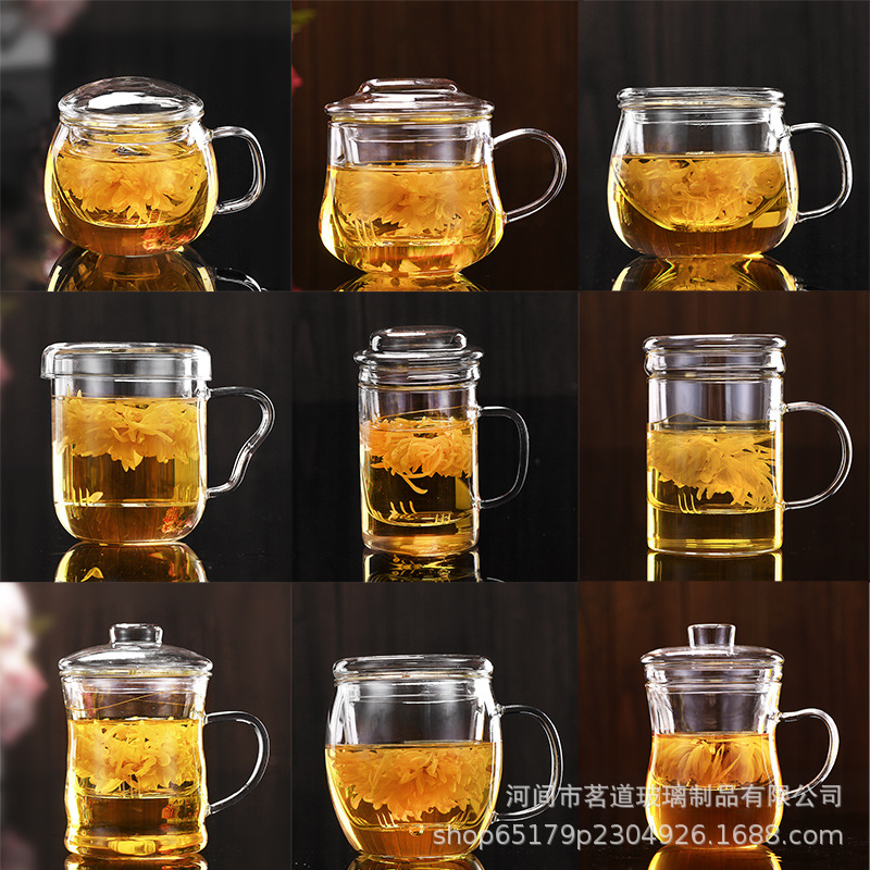 High borosilicate glass cup, transparent lid filter flower tea cup, office water cup, women's tea water separation brewing cup full figure