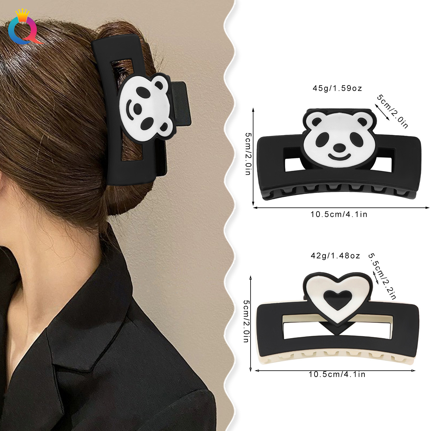 Qiyue Cross-border Panda Heart-shaped Hair Clips, hair curls, Grab clips, Women's summer high-end Shark clips, Yiwu Accessories wholesale details Picture