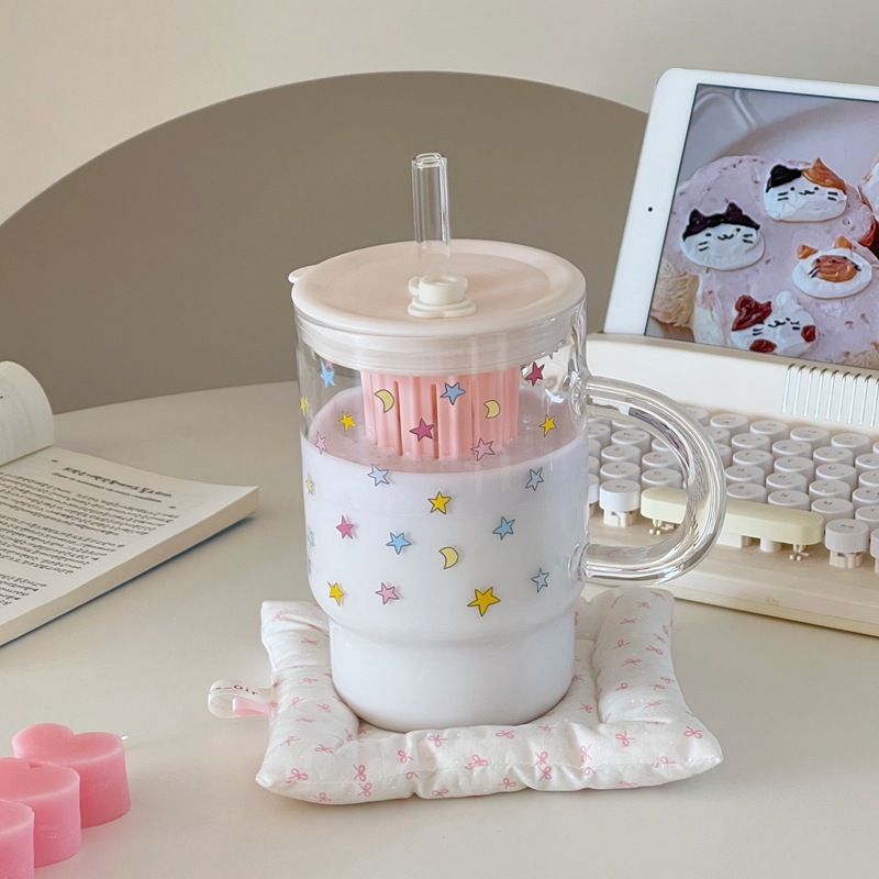 Original star glass straw cup, high borosilicate large-capacity drinking cup, girls' glass cup handle with straw cup Specification drawing