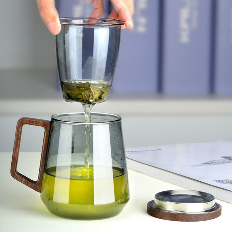 Light luxury smoke grey office wood, high borosilicate transparent glass tea and water separation brewing cup, glass green tea three-piece cup Specification drawing