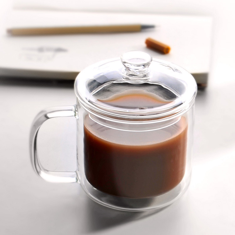Transparent double-layer glass cups with insulated LIDS, office tea cups, retro and creative gift cups, glass cup manufacturers details Picture