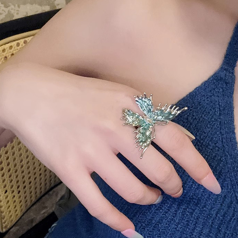 Unique and elegant liquid blue butterfly ring, a light luxury and niche drip glaze open ring for women, a fashionable and individual versatile accessory details Picture