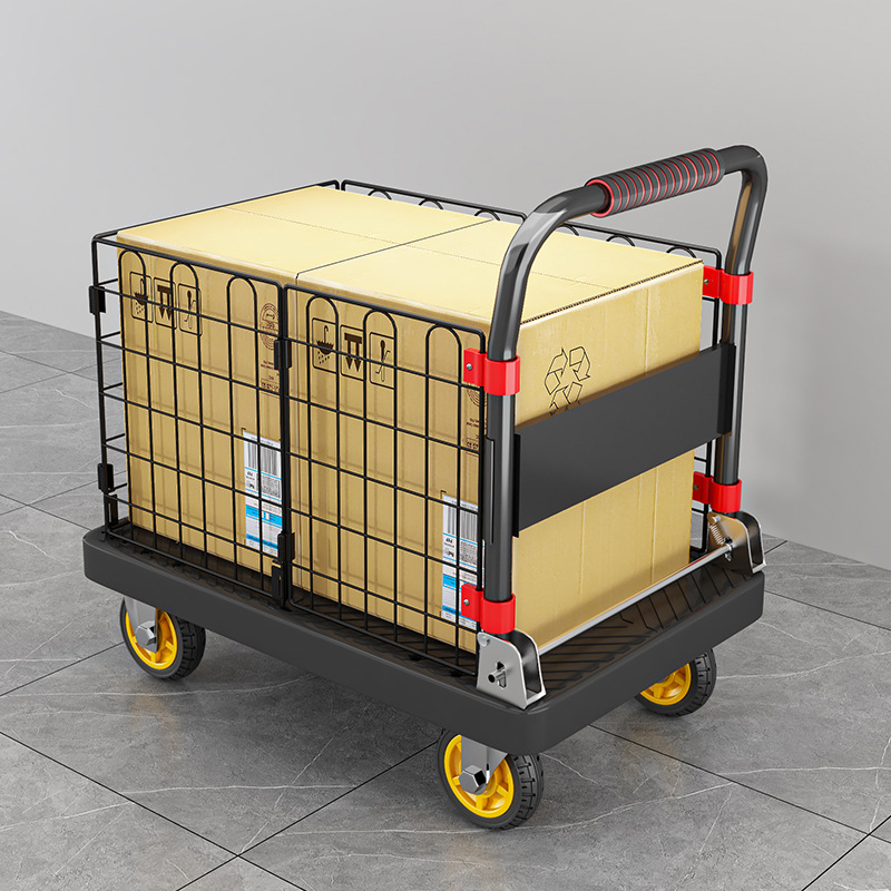 Fenced flatbed cart, folding silent handcart, household cargo trolley, four-wheel small trailer, small pull cart Specification drawing
