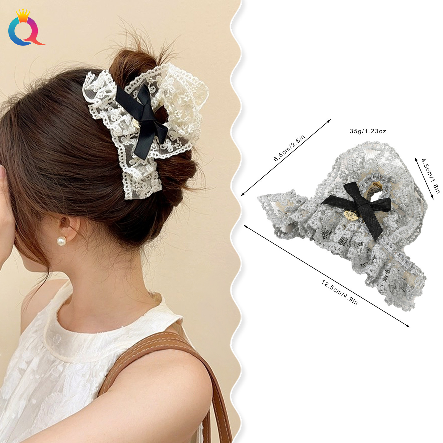 Qiyue Cross-border Amazon lace hair clips, simple large women's grab clips, bow hair curls, shark clips wholesale details Picture