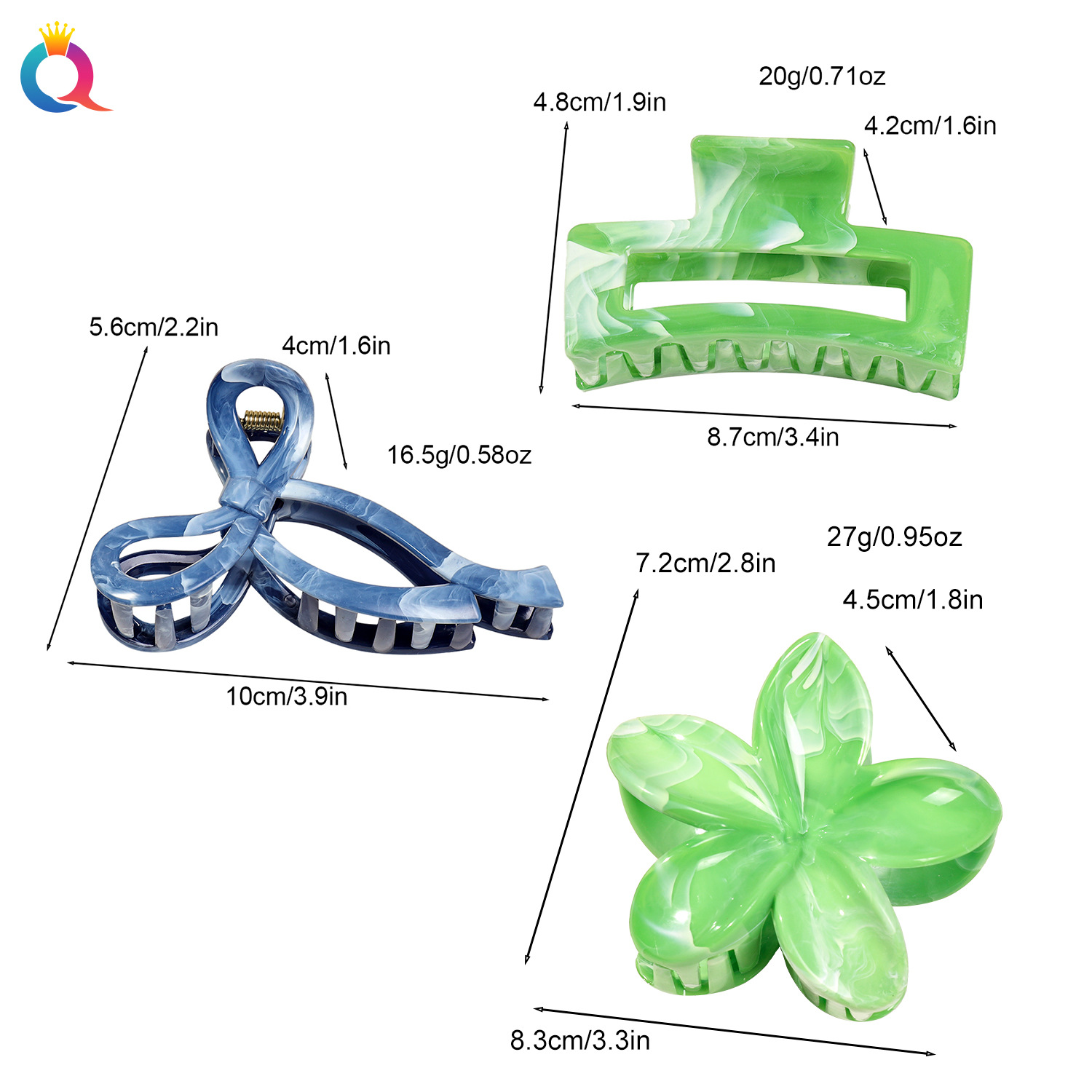 Qiyue Cross-border pink marble hair clips with a high-end feel, back head updo hair clips, women's shark clips hair accessories wholesale Specification drawing