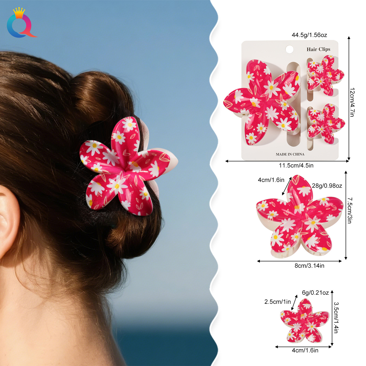 Qiyue's new UV-printed egg flower grabber set features a fresh and cute back head plate hair clip and a cute shark clip for girls details Picture
