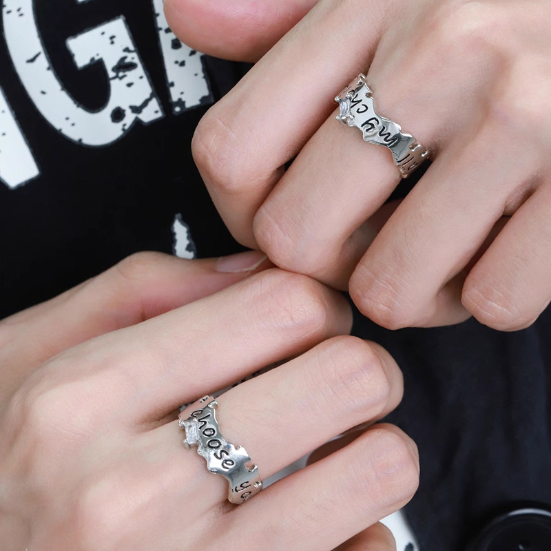 Simple, unique and niche letter-shaped zircon open ring, fashionable and high-end couple ring, exquisite and versatile ring details Picture
