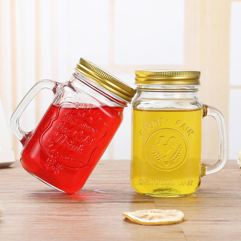 Wholesale rooster cups, glass cups, Mason cups, gradient color handle cups, beverage cups with LIDS, milk tea cups, and can be printed Specification drawing