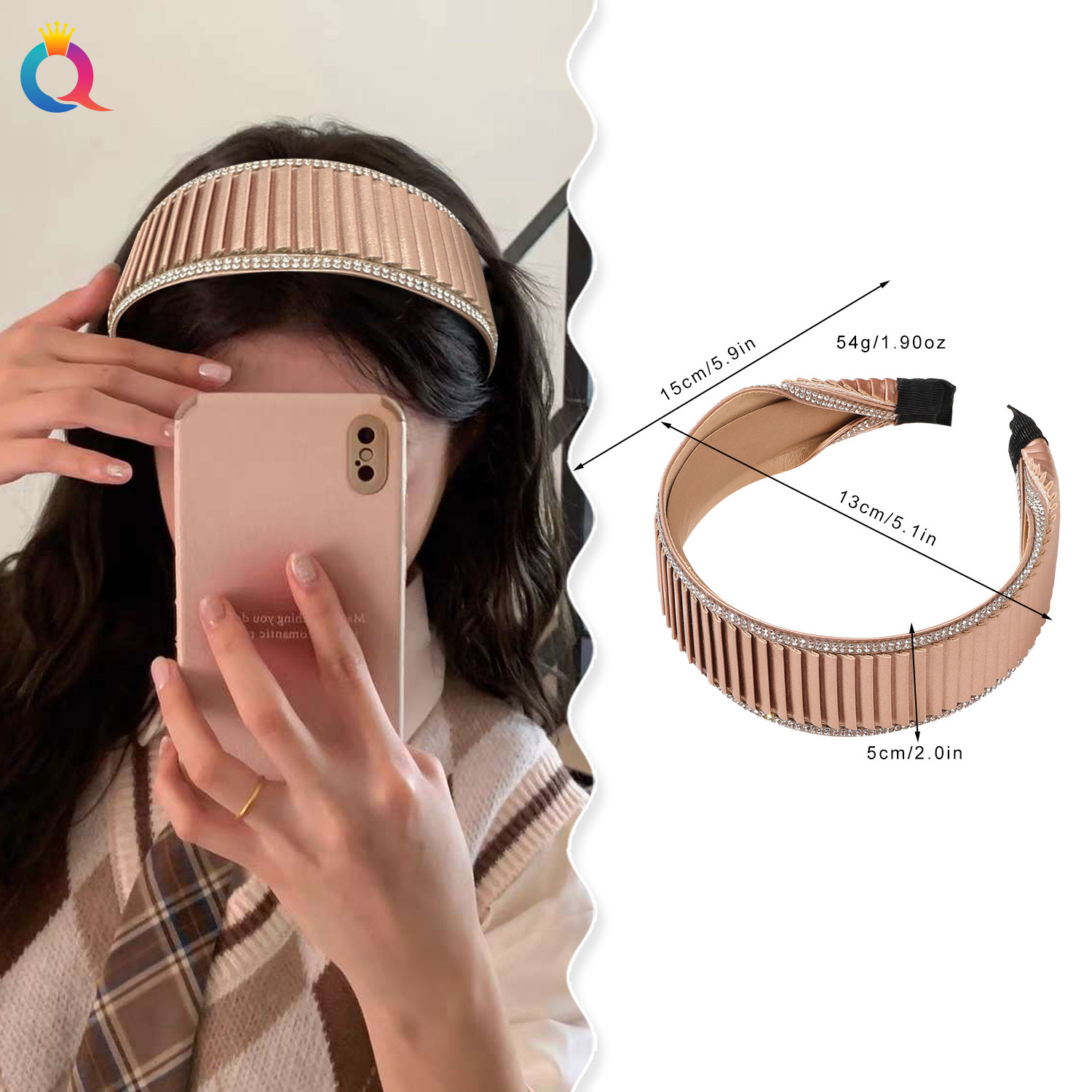 Qiyue Baroque water Diamond hair band with a high-end feel, wide edge hair hole, pu leather, high skull top headband, cross-border hair accessory wholesale details Picture