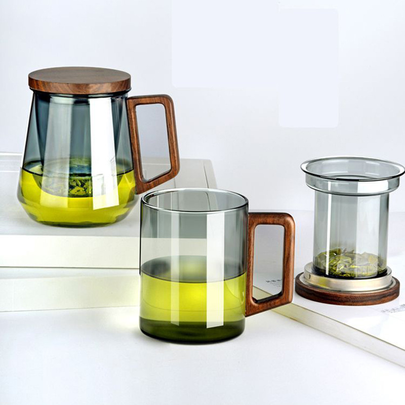 Light luxury smoke grey office wood, high borosilicate transparent glass tea and water separation brewing cup, glass green tea three-piece cup details Picture