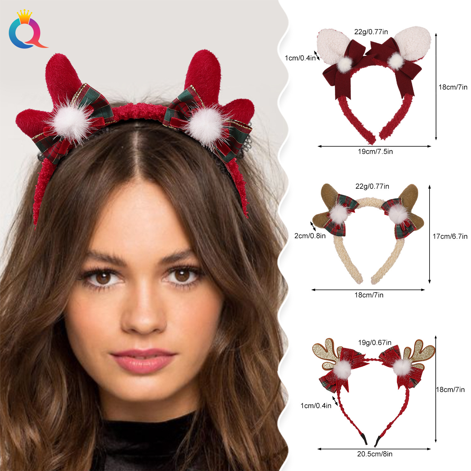 Qiyue Cross-border Christmas Deer Antler Plush Hair Band, Elk Girl Bow, Glitter Pink Long Hair Band, Hair Accessories wholesale details Picture