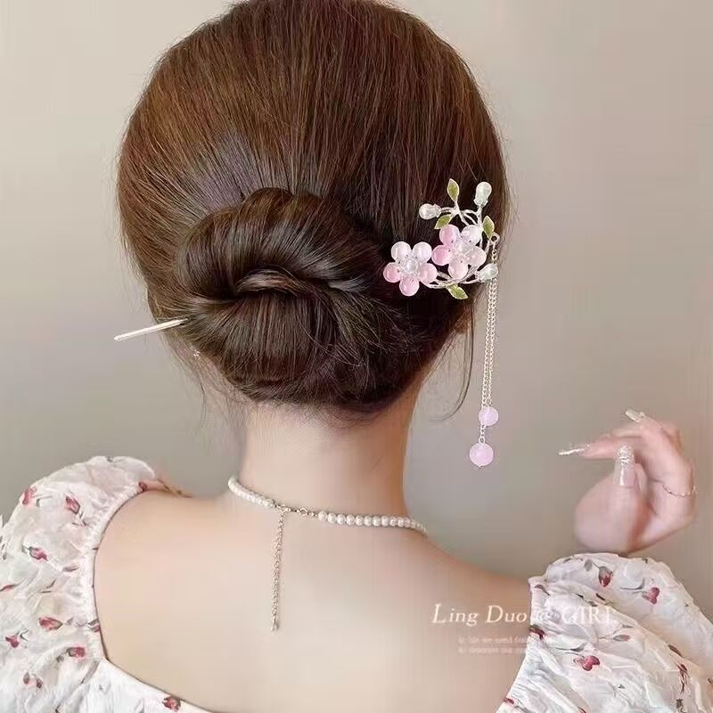 Ancient-style flower hair accessories for women, spring and summer cherry blossom hairpins, high-end Hanfu, tassel hairpins, hair hairpins, cheongsam hairpins details Picture