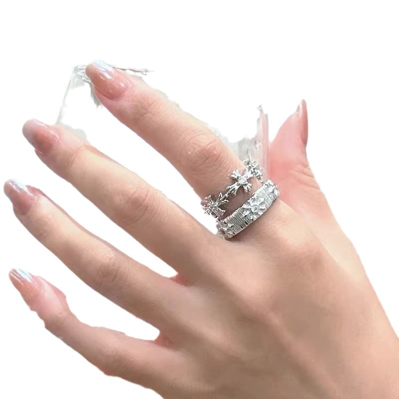 A niche and cold style cross-shaped star diamond zircon ring with exquisite texture, fashionable and high-end feel, an open ring trend Item Picture