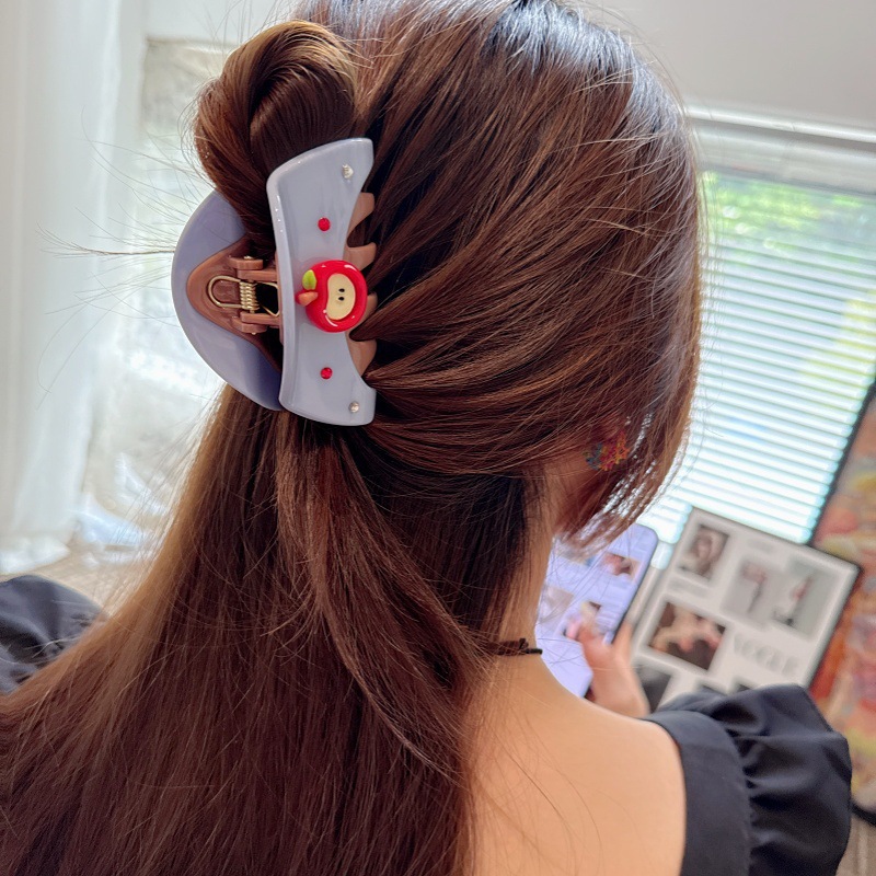 Trendy Apple color-blocking gripper, sweet and cool style, diamond shark clip, fashionable semi-curly hair clip, high-end gripper hair clip full figure