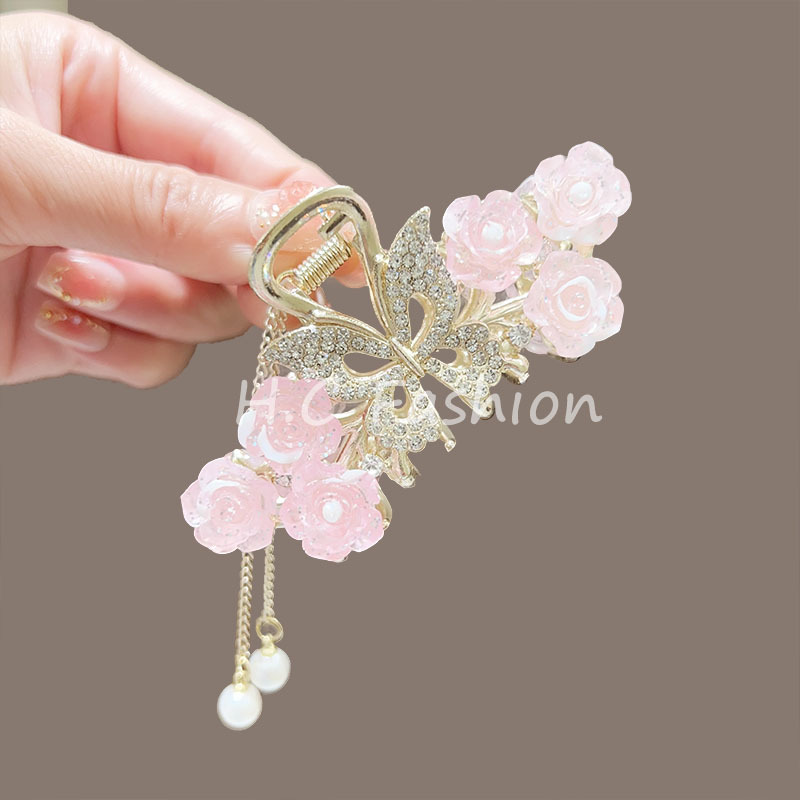 New high-end mid-sized rhinestone hollowed-out butterfly flower tassel clipper for the back of the head, semi-tied shark clipper hair accessory Specification drawing