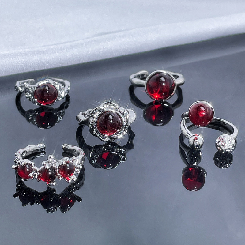 New irregularity texture open ring for women, red stone, sweet and cool personality, versatile index finger ring, cold style ring Application Scenario