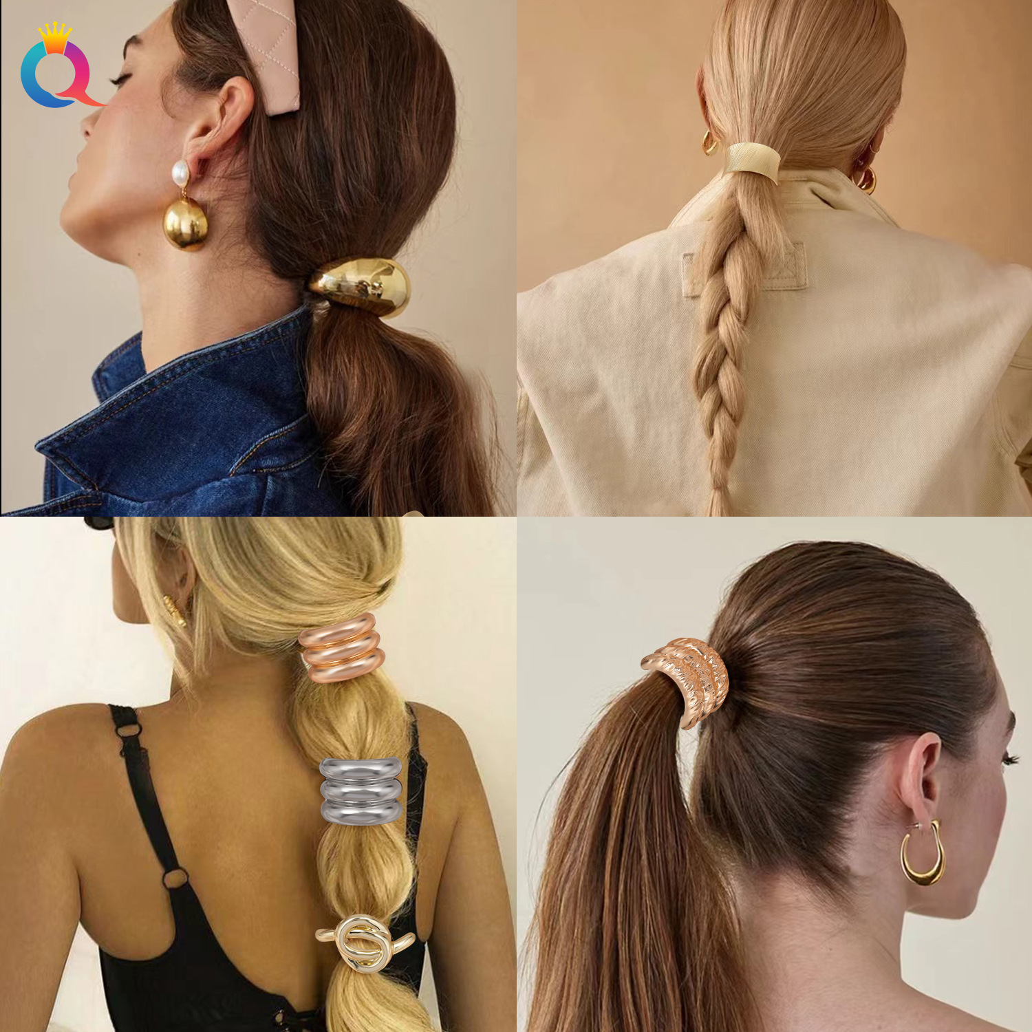 Qiyue Cross-border Fashion Metal Hair Tie Headwear, cold style ponytail hair band, high-end feel, seamless alloy hair tie wholesale Specification drawing