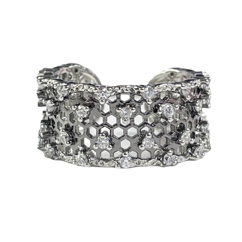 European and American cross-border exquisite and light luxury lace hollowed-out edges with full diamonds and open rings, a trendy and fashionable ring design for women Item Picture