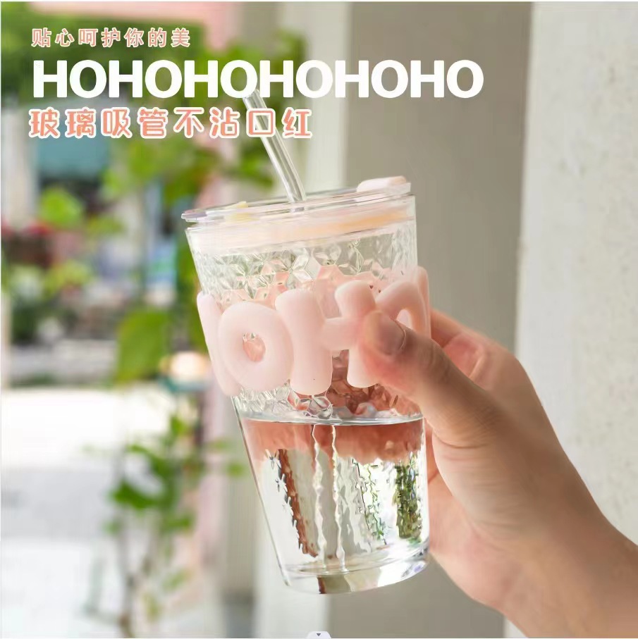 Small raindrop colorful glass cup with cup sleeve, large-capacity water cup, creative hammer-patterned heat-insulating straw cup, summer beverage cup details Picture