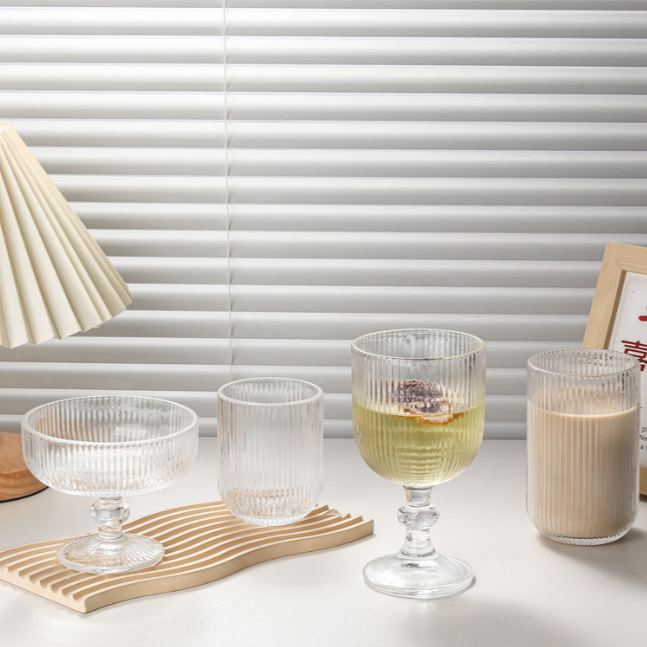 A complete set of European-style low-footed vertical striped red wine glasses, tall glasses, vertical striped glass wide-mouthed ice cream glasses and hotel wine sets Application Scenario