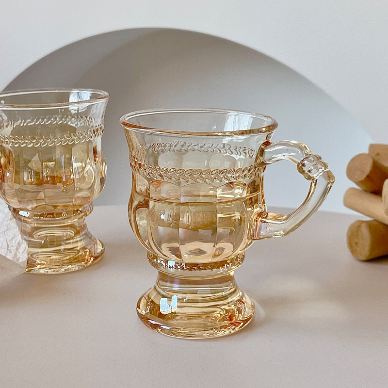 Wholesale of Bolimei French retro glass cups, home wine glasses, amber latte gift cups Specification drawing