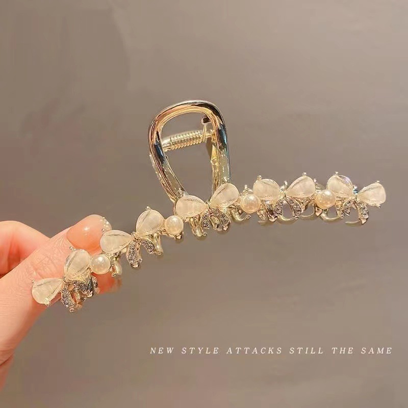 Cat's eye crystal bow tie hairpin for women, new summer style flower grabber, large shark clip, back of the head hairpin Specification drawing