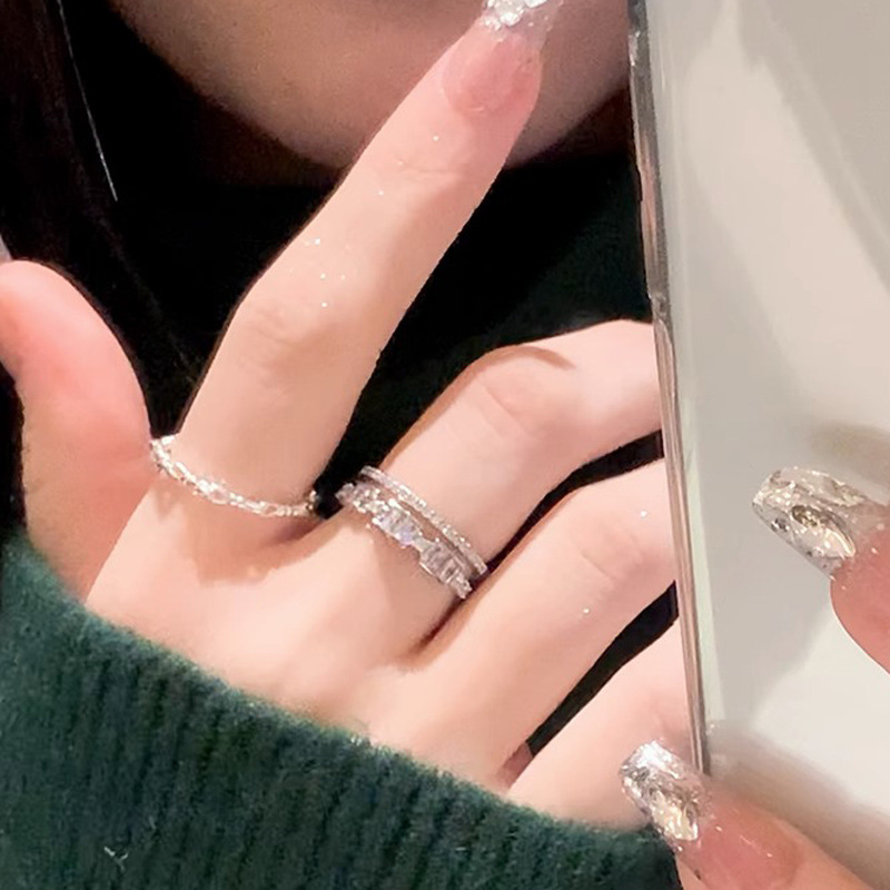 Exquisite double-layer zircon ring, women's niche design, high-end plain ring, open index finger ring, tail ring details Picture